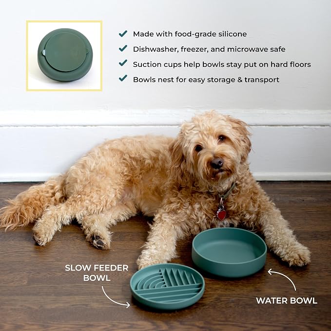 Slow-Feeder & Water Bowl Set by The Dog Tale | Food-Grade Silicone Dog Bowls, BPA-Free, Dishwasher Safe, Freezer Safe (Forest)