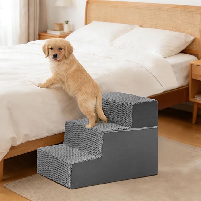 3-Step Dog Stairs for Small Dogs and Cats, 14" H Dog Steps for Couch, Sofa, Chair, Non-Slip Sturdy Pet Steps, Pet Ramp for High Bed Indoor, Grey