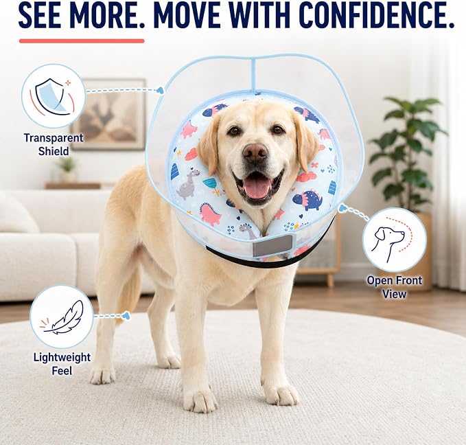 Inflatable Dog Cone Collar for Large Medium Small Dogs, Soft Dog Donut Collar Adjustable Recovery Cone for Pets After Surgery, Extra Enhanced Anti-Licking Guard Shield (Dinosaur, Small)