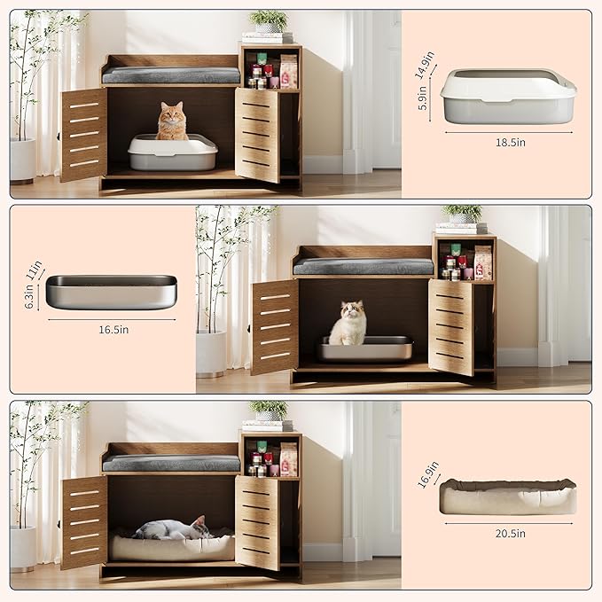 Cat Litter Box Enclosure, Hidden Litter Box Cabinet Furniture with Scratch Pad, Farmhouse Indoor Cats House with Storage Layer for Hallway, Bedroom