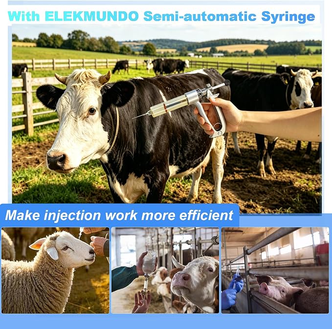 50ml semi-automatic livestock injector, 5-level adjustable continuous repeating Luer lock livestock injector, ergonomic design, suitable for cattle, horses, goats, sheep, and pigs on farms and ranches.