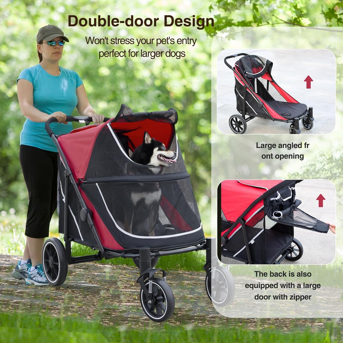 Dog Stroller for Medium/Large Dogs One-Click Folding, Extra Large Pet Stroller for 2 Dogs with Storage Pocket & Shock Absorption, Up to 130 lbs, Red