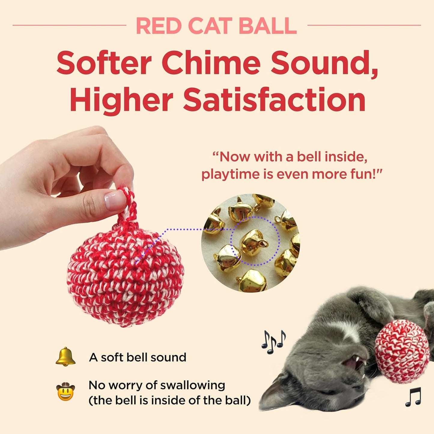 JAYU PET Red Cat Ball [W/Bell Version] - Handmade Silvervine Cat Toy with Catnip, Interactive Matatabi Ball for Indoor Cats & Kittens, Feline Play Toy & Gift (2.7 inch)