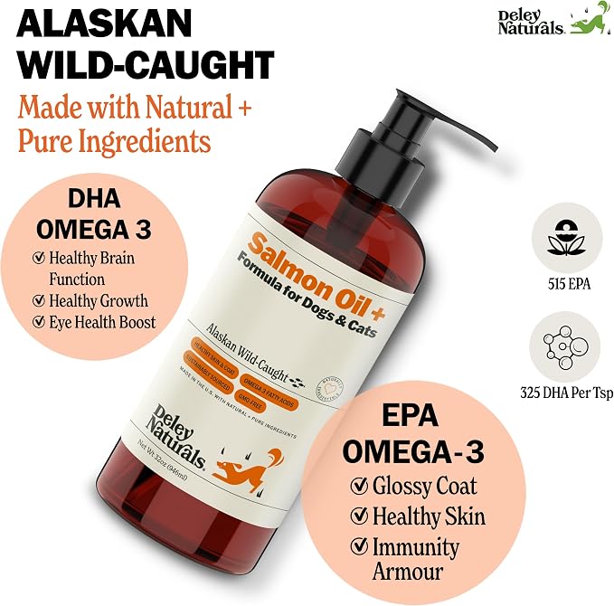 Deley Naturals Wild Alaskan Salmon Oil for Dogs & Cats - New and Improved Salmon Oil Plus Formula - Fish Oil for Dogs with Omega 3, DHA and EPA - Omega 3 for Healthy Skin and Coat - 32oz Made in USA