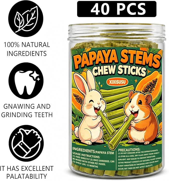 40pcs Natural Papaya Stems Chew Toys, Small Pet Molar Sticks for Rabbits, Hamsters, Chinchillas, Guinea Pigs, Squirrels & Hedgehogs