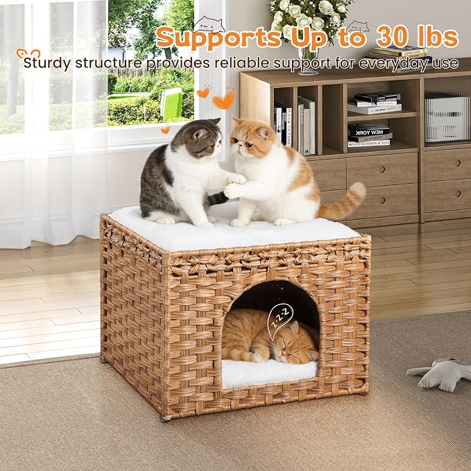 Snughome Handwoven Rattan Cat House - Indoor Foldable Cat Bed Cave with 2 Removable Bed Mats, Large Kitten House, Hideaway Pet Cube, 16.54 x 16.54 x 12.6 Inches, Natural, for Living Room & Bedroom