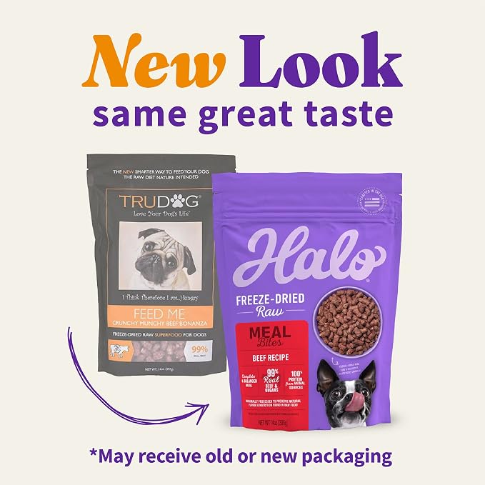 Halo Freeze-Dried Raw Dog Food, Beef Recipe Meal Bites, Grain Free Real Meat Nutrition & Natural Energy, 100% Animal Protein Source for Adult Dogs, 14 oz Bag