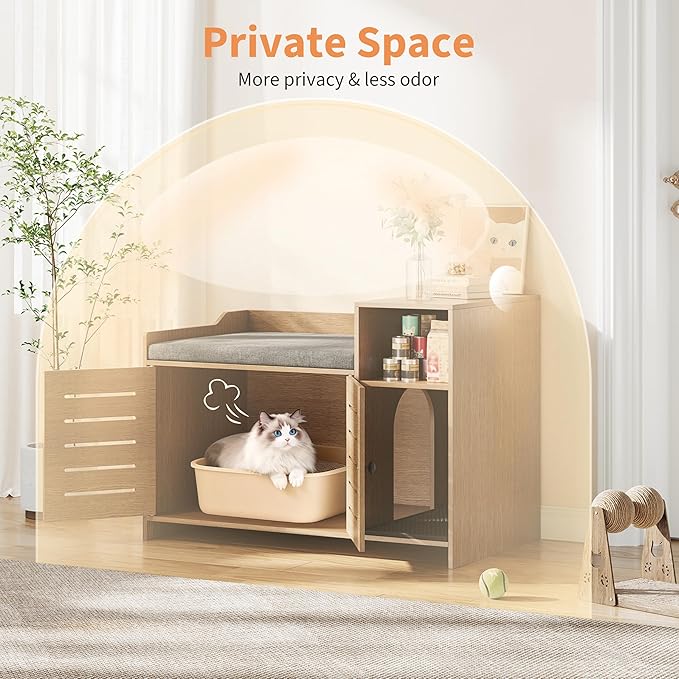 Patikuin Hidden Cat Litter Box Enclosure Cabinet with Mark Pad & Storage Shelf – Modern Farmhouse Indoor Cat House Furniture for Hallway, Bedroom, or Living Room – Odor Control, Country Oak