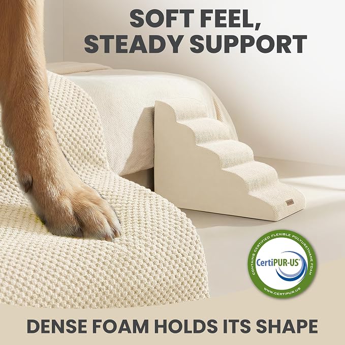 Dog Stairs for High Beds, Extra Tall 24.5" 5-Step Pet Steps for Medium & Small Dogs, Foam Ramp for Tall Couch & Bed, Washable Cover - Dog Steps for Bed