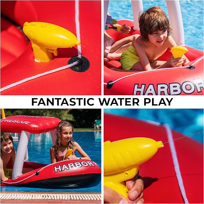 Police Boat Inflatable Pool Floats Kids, Toddler Harbor Master Police Patrol Inflatable Boat Pool Float Ride On, Fun Water Toy Squirter Pool Toy, Police & Fire Rescue Theme Pool Raft for Boys, Girl