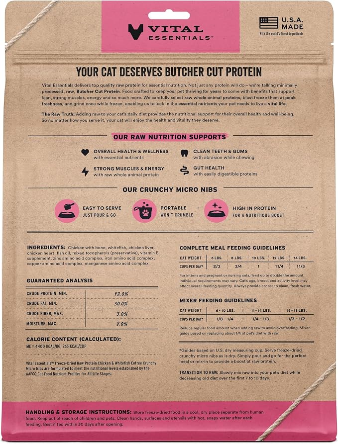 Vital Essentials Freeze Dried Cat Food, Raw Protein Chicken & Whitefish Micro Nibs | Complete Meal or Mixer | 96% Meat, Organs & Bone | High Protein, Low Carb, Grain Free, Dry Cat Food | 25 oz