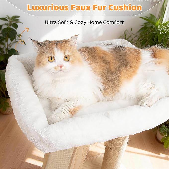 31.5" Cat Scratching Post, 3-in-1 Multifunctional Natural Pine Wood Cat Furniture, Tall Scratch Posts with Perch&Scratcher, Boxed with Hanging Bell Toy, Large