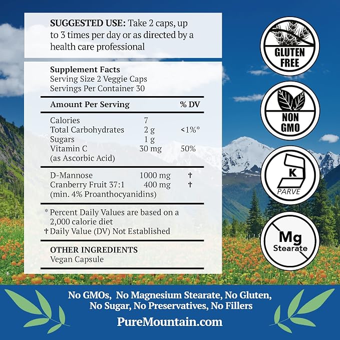 Pure Mountain Botanicals D Mannose with Cranberry Capsules - 60 Count Vegan Kosher - 1000mg D-Mannose for Urinary Tract Health - DMannose 1000mg with Vitamin C for Women and Men