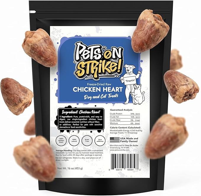 Freeze Dried Chicken Hearts for Dogs & Cats (16oz) – Single Ingredient Dog Treats – USA Sourced & Made – High Protein, All Natural, Grain Free – Natural Source of Taurine, B Vitamins