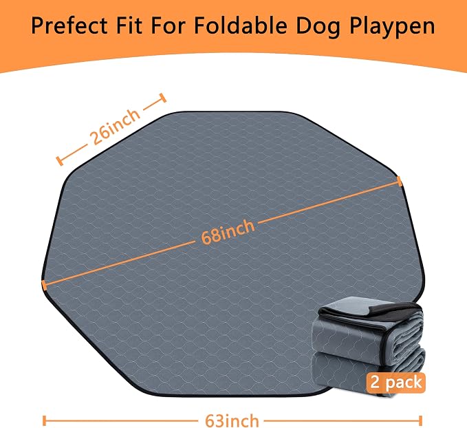 Bunlitent Washable Pee Pads for Dogs, 63'' Diagonal Octagon Puppy Pads, Designed for 24'' Width 8 Panels Dog Playpen, Non-Slip Whelping Pads with Super Absorbent, 2 Pack