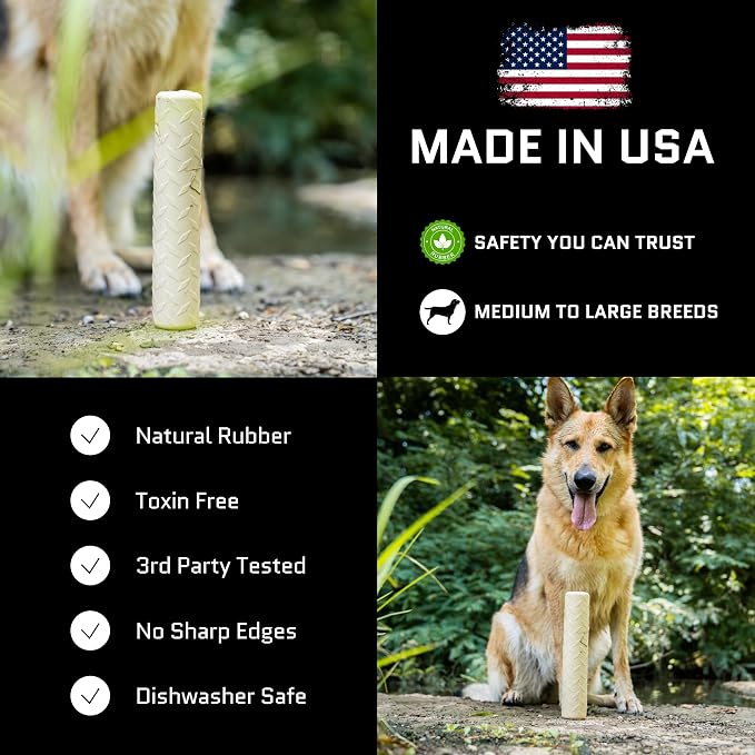Monster K9 Indestructible Natural Series Chew Stick - Backed for Life - No Color Additives, Minimal Fillers, Safe Non-Toxic Rubber - Durable Toy for Aggressive Chewers - USA Made - 9"x2" Solid-Core