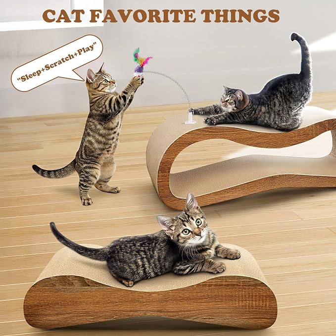 Simple Delxue 2 in 1 Cat Scratcher Lounger, Large Horizontal Cardboard Cat Scratcher with 2 Plug-in Teaser Wand, 100% Recyclable & Reversible Scratching Pads Prevents Furniture Damage