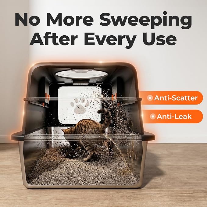 24″Lx16″Wx15″H Non-Stick Stainless Steel Litter Box with Lid, No-Mess Odor Control Anti-Leak Cat Litter Box, 3-in-1 Fully Enclosed High-Sided Litterbox with Flip Top (Black)