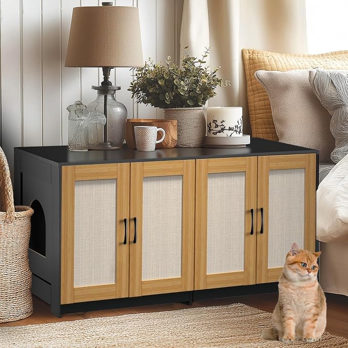 Double Room Litter Box Enclosure For 2 Cats, 47.2" Large Wood Hidden Litter Box Furniture For 2 Boxes with Sisal Doors and Sliding Drawers, Indoor Cat House TV Stand Black