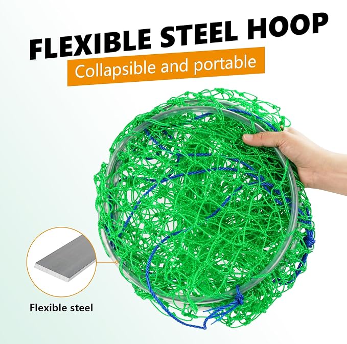 QualyQualy Large Bridge and Pier Fishing Net 32''/39'' Hoop, Foldable Drop Net Pier Fishing for Saltwater with Rope, Landing Net with Nylon Mesh, Collapsible Soft Steel Ring