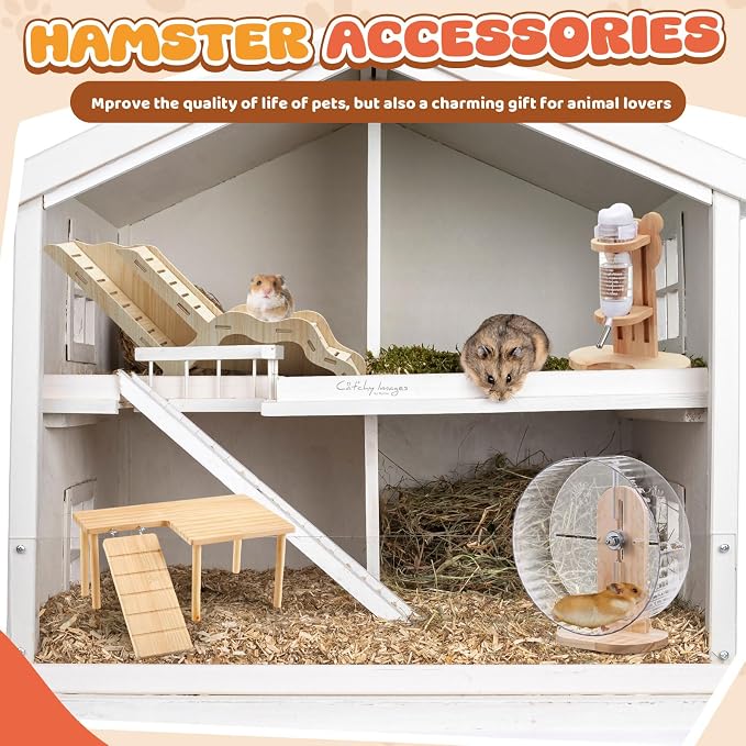 6 Pcs Hamster Toys Set, Maze Wood House, Climbing Ladder Wooden Bridge Tunnel Toy Platform Silent Exercise Running Wheels and Water Bottle Set for Rat Guinea Pig Habitat Cage (Standard)