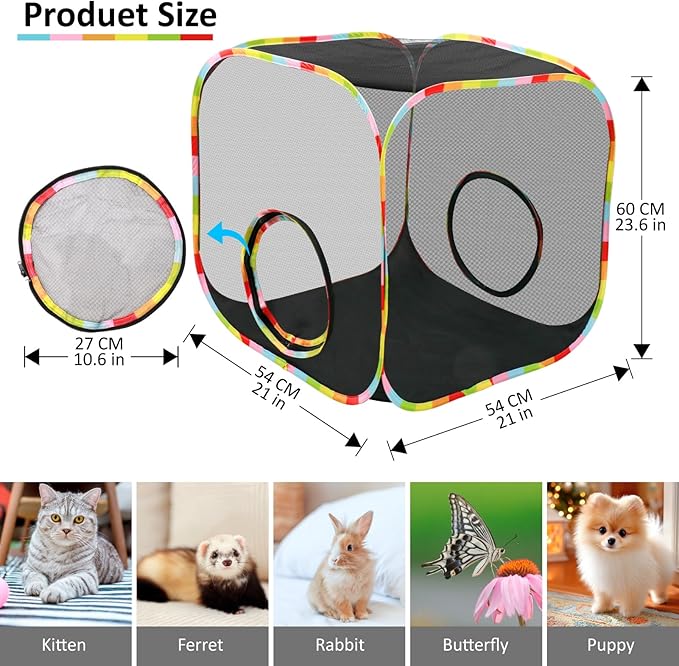 Portable Large Pop-Up Cat Play Cube, Mesh Escape-Proof Cat Enclosure for Indoor Outdoor, Collapsible Cat Playpen for Camping Travel, Ideal for Kittens and Small Pets
