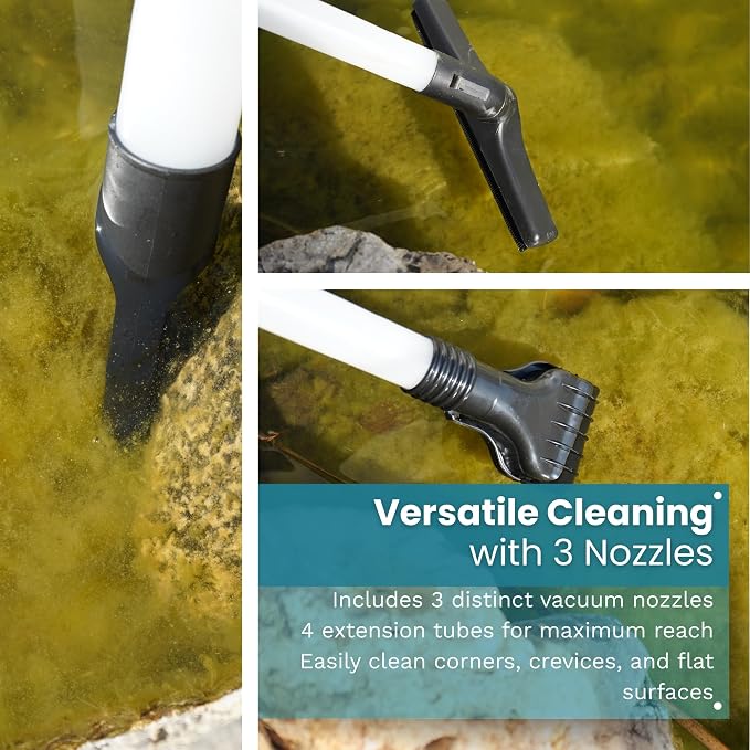 Half Off Ponds CleanSweep 1400 Pond Vacuum with a 13' Intake Suction Hose, 4 Extension Tubes, 3 Vacuum Nozzles, a 6.5 Foot Output Hose, and a Debris Collection Bag | 13 ft intake hose, 6.5 ft output hose, 4 extension tubes, 3 nozzles, Debris collection...