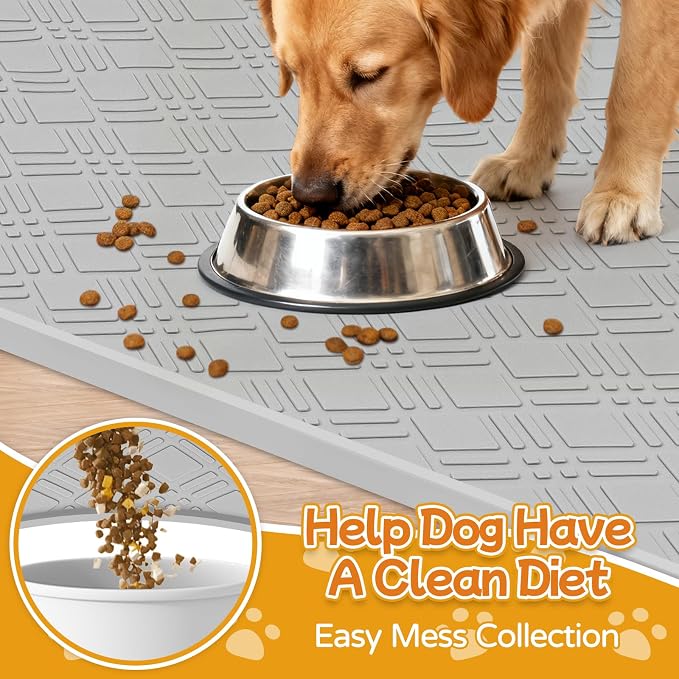Dog Food Mat, 42" x29" Large Silicone Mat Dog Feeding Mat with Raised Edge Non-Slip Pet Feeding Mat for Food and Water Bowl, Easy to Clean, Floor Protection (Light Gray)