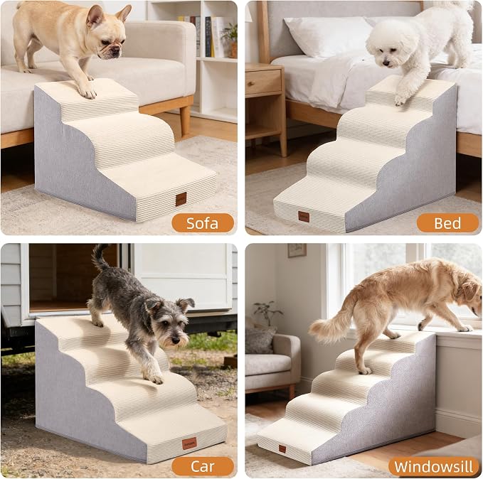 Dog Stairs for Small Dogs,15.7" H,3-Step Curved Pet Ramp for Bed Couch Sofa and Chair,Non-Slip Pet Steps for Injured & Senior Pets with Washable Cover and Durable High Density Foam,Beige