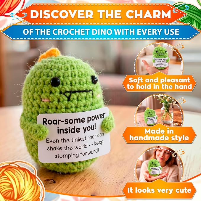 Reluen Crochet Dinosaur, Roar-Some Power Inside Handmade Mini Dinosaur Crochet Animal with Inspirational Affirmation Card, Dinosaur Desk Accessories Gift for Women Men Adults Mom Daughter Coworker