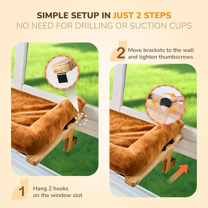 2 Pack Cat Window Perch with Cushion Bolster and Cool Pad, Cat Hammocks for Windows with Wood & Robust Metal Frame for Large Cats (Natural & Walnut Wood with Brown & Gray Cushion, 24" W)