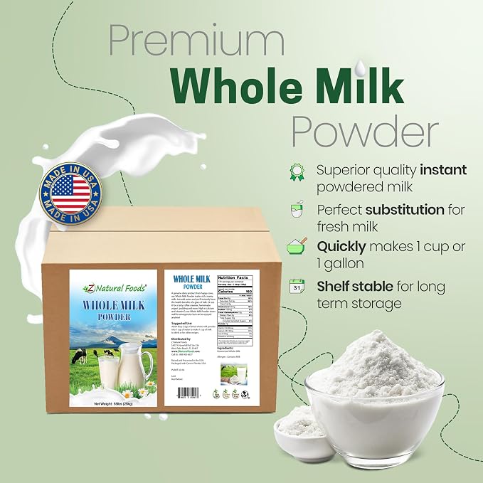 Z Natural Foods Premium Whole Milk Powder - Powdered Milk for Baking, Cooking, Drinks - Dry Milk Powder, Pasteurized, Non-GMO, Gluten-Free, Kosher-Certified, 55 lbs