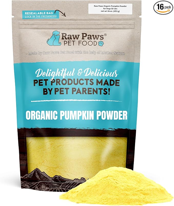 Raw Paws Organic Pumpkin Powder for Dogs & Cats (16-Ounce) - Made in USA - Anti Scoot Powdered Pumpkin for Dogs - Fiber for Dog - Dried Food Sprinkles - Toppers for Dry Food - Fiber for Cats