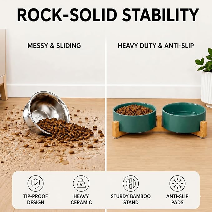 SPUNKYJUNKY Ceramic Dog and Cat Bowl Set with Wooden Stand, Modern Cute Weighted Food Water Set for Small Size Dogs (13.5OZ) & Medium Sized Dogs (28.7OZ) & Cats (1.7 Cups, 2 × Light Green)