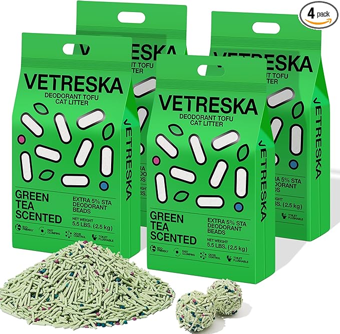VETRESKA Tofu Cat Litter, Natural Kitty Litter Strong Clumping Flushable Cat Litter Pellets Ultra Absorbent, Odor Control, Dust-Free, Low Tracking Eco-Friendly Tofu Litter, Greentea(5.5lb×4bags)