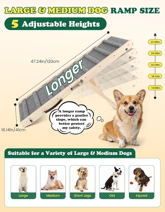 Dog Ramp Dog Stairs for Large Dogs Foldable Dog Ramp with 5 Adjustable Heights from 13.98'' to 27.56" Wood Pet Ramp with Non Slip Carpet Portable Puppy Ramp for Couch, Sofa, Bed, Car