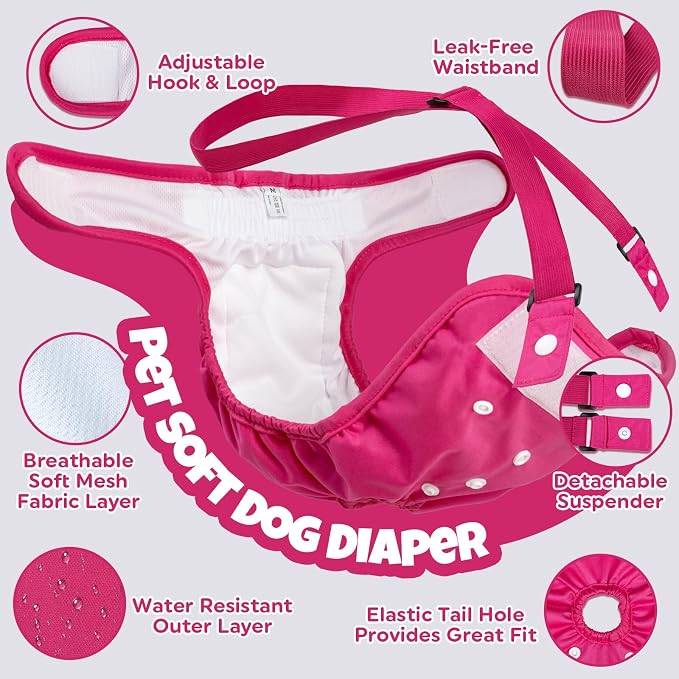 Pet Soft Dog Diapers Female with Suspenders, 3 Pack Reusable Female Dog Diapers for Heat, Dog Period Panties for Doggie in Cycle(Small, Berry Mix)