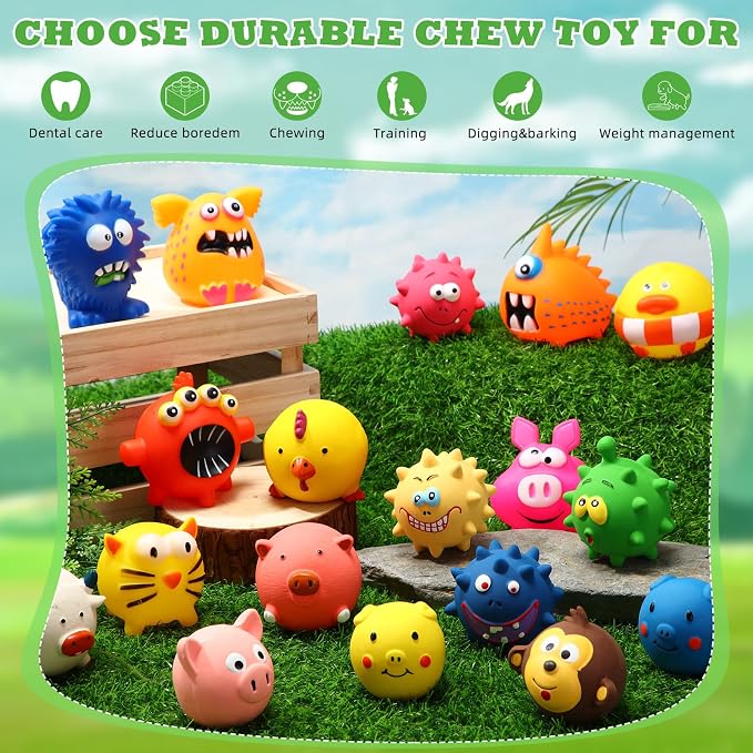 Shappy 20 Pcs Latex Dog Squeaky Toys, Soft Rubber Chew Squeaky Dog Toys Balls for Funny Animal Sets Interactive Fetch Play Chew Molar for Small Medium Dogs Pets