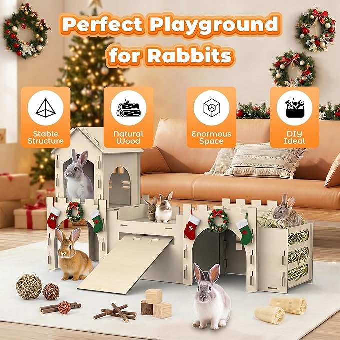 Large Bunny House and Hideouts, Wooden Dual-Layer Rabbit Castle with Stair, Rubber Band-Free Setup - chew-Proof, Sturdy Habitat for Guinea Pig Chinchilla Ferret (Rabbit House with Hay Feeder)