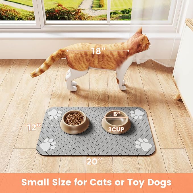 Pet Feeding Mat-Absorbent Pet Placemat for Food and Water Bowl, with Waterproof Rubber Backing, Quick Dry Water Dispenser Mat for Dog and Cat (20"x12", Striped Light Gray)