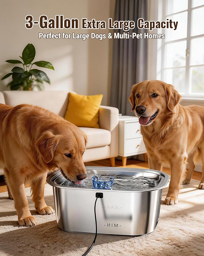 PETNF 3-Gallon Stainless Steel Dog Water Fountain for Large Dogs, Dog Water Bowl Dispenser with 2 Filters, Visible Water Window, Quiet Pump & LED Low-Water Indicator
