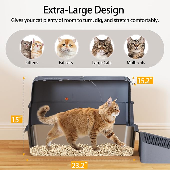 XL Stainless Steel Cat Litter Box with Lid for Large Cats | High sides, stainless pan, flip-top lid, step, mat, scoop, filter; for large cats, high-peeing cats, and multi-cat homes