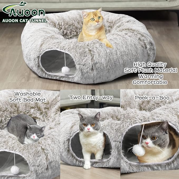 AUOON Cat Tunnel Bed for Indoor Cats - Large Cat Donut Tunnel with Hanging Ball Toy, Collapsible 2-in-1 Multifunctional Interactive Cat Toy for Kitten, Puppy, Rabbit, Ferret (Khaki)