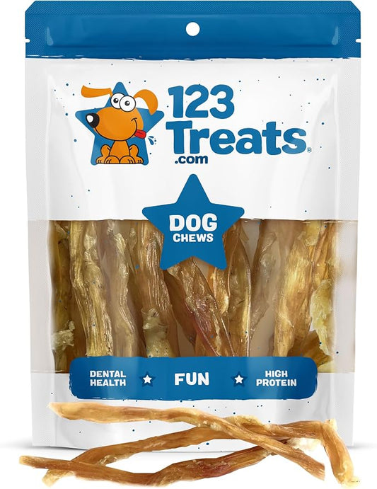 123 Treats Beef Tendon Chews for Dogs – 7-9 inches Beef Strap Chew Sticks, High in Protein, 100% Natural, Grain & Gluten-Free Dog Treats, Great for Dental Health (25 Count)