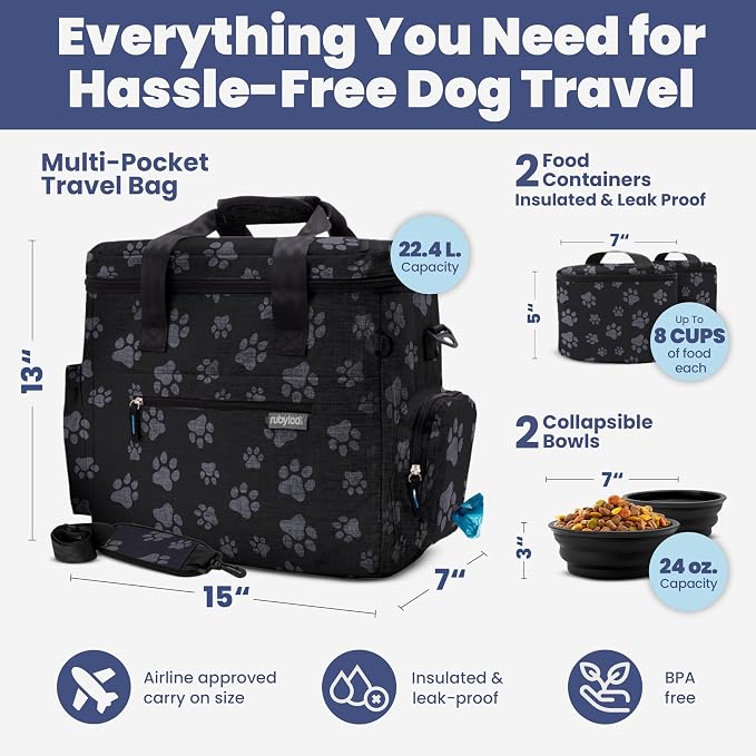 Rubyloo Original Doggy Bag (Paw Print) & 32oz Insulated Water Bottle with Attached 8oz Bowl (Life is Better with Dogs) – Dog Travel Bag & Hydration Set