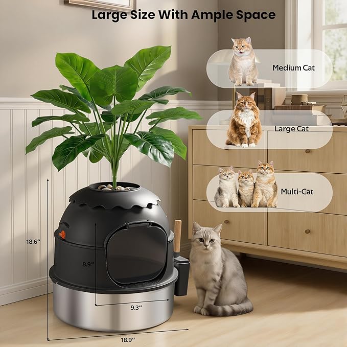 Hidden Litter Box, Stainless Steel Litter Box with Faux Plant Decor, Litter Box Enclosure with Clear Front Door, Includes Scoop & Litter Mat, Odor Control, Easy to Clean (Black)