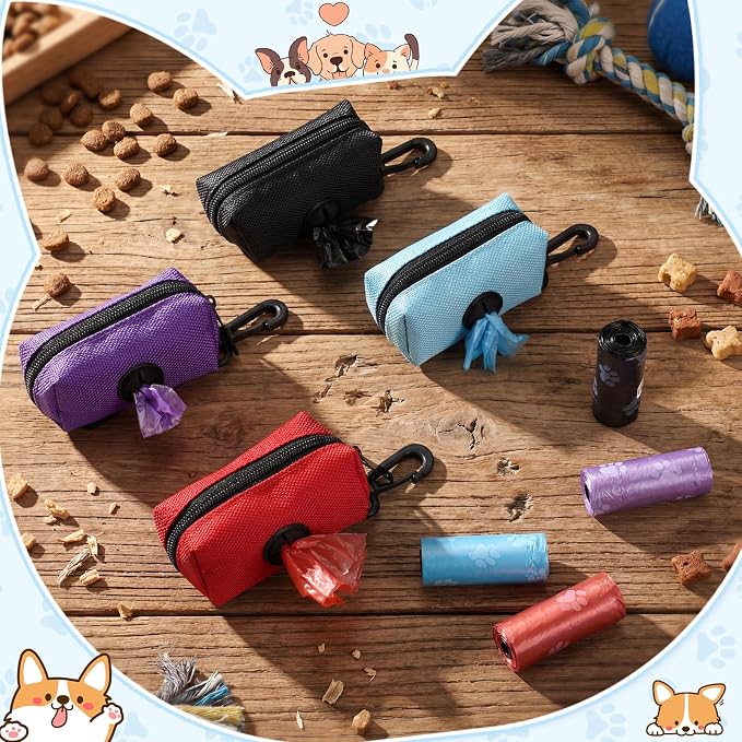 Aliceset 4 Pcs Dog Poop Bag Holder for Leashes Fabric Dog Poop Bag Dispenser and Treat Holder with 8 Rolls Pet Waste Pouches(Black, Blue, Purple, Red,Single Zipper)