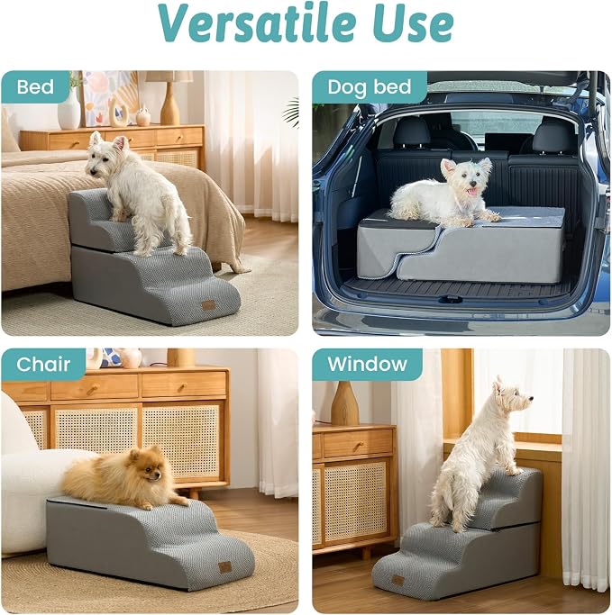 COZY KISS Detachable Curved Wide Dog Stairs 19.7" H, 4 Step Small Dog Step for Puppy or Older Cat, Ramp for Bed, Sofa, Couch or Chair, Ladder with High Density Foam, 17.7x28.3x19.7 inch, Grey