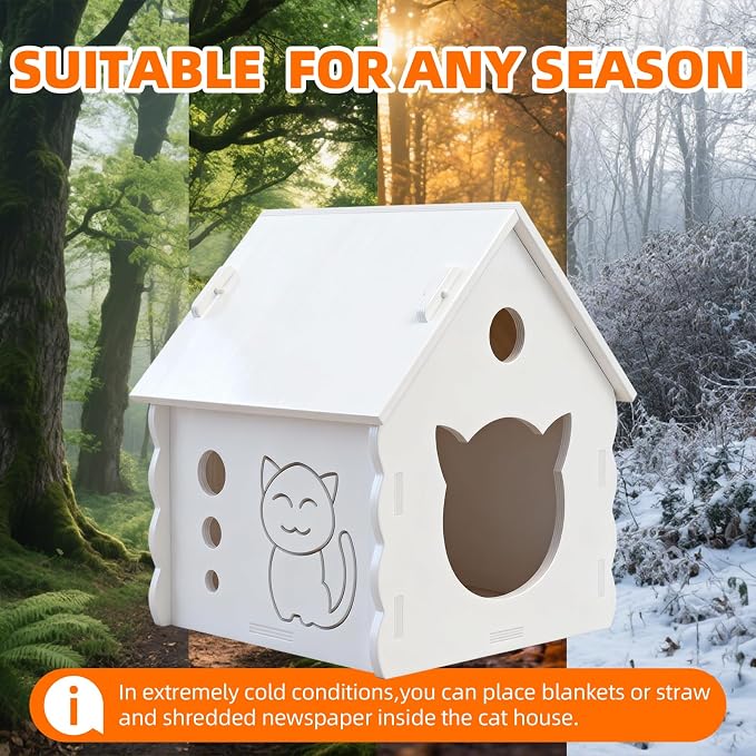 Cute Gable Roof Small Wooden Cat House, Indoor Outdoor Multi-Ply Wood Cat Shelter with Rainproof Windproof, Easy Assemble Move & Clean, Breathable Cat Hut for Kittens (White)