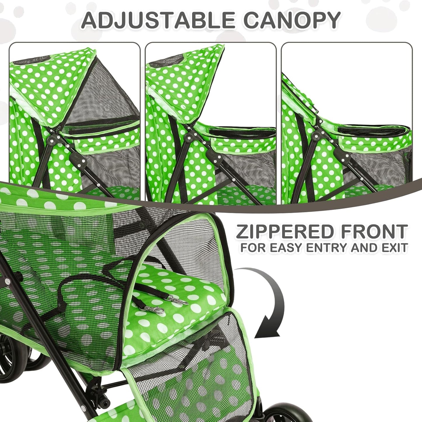 MoNiBloom 4 Wheels Pet Stroller, Easy-Fold Umbrella Shaped Dog Cat Jogger Stroller w/Storage Bag & Visible Mesh for Small/Medium Dogs Cats Lawn Green Polka Dots